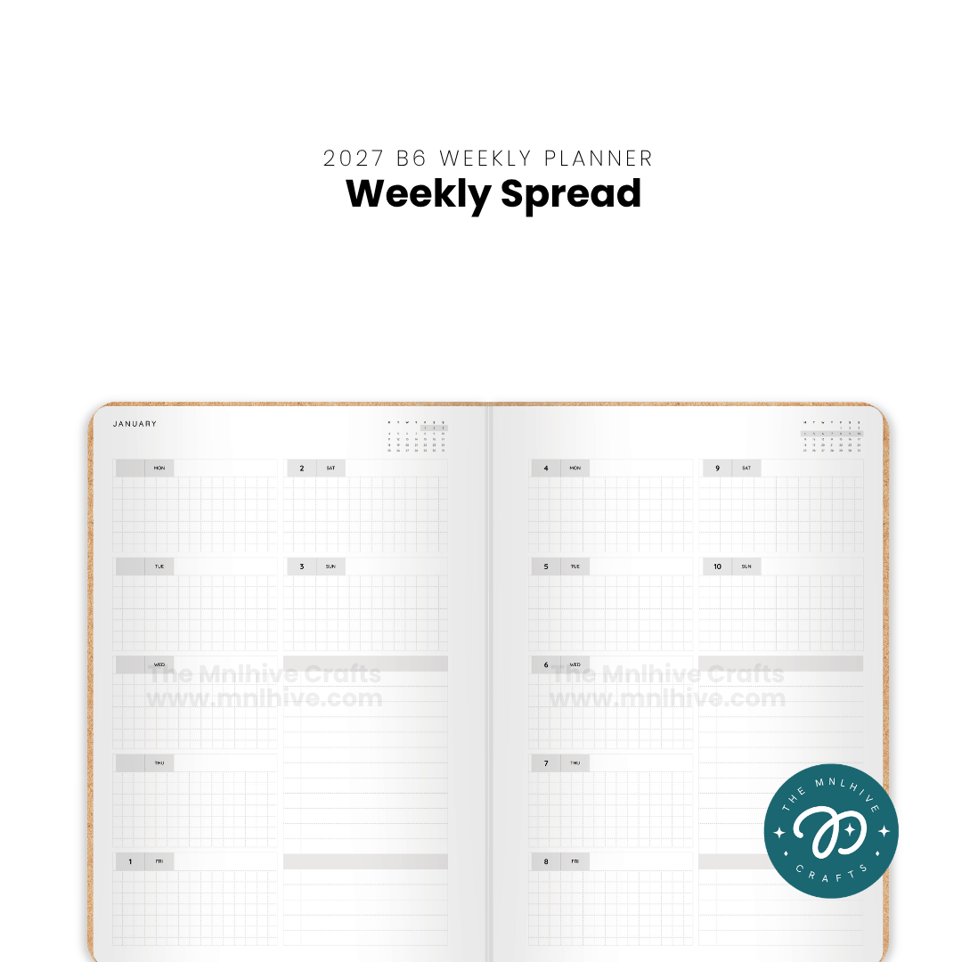 Quarterly overview and monthly planning spreads of the 2027 planner
