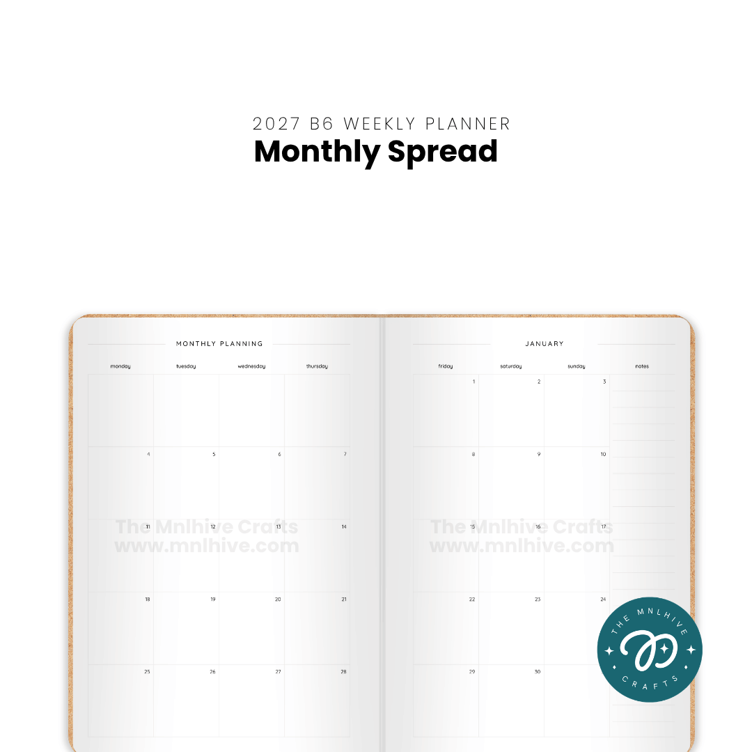 Quarterly overview and monthly planning spreads of the 2027 planner
