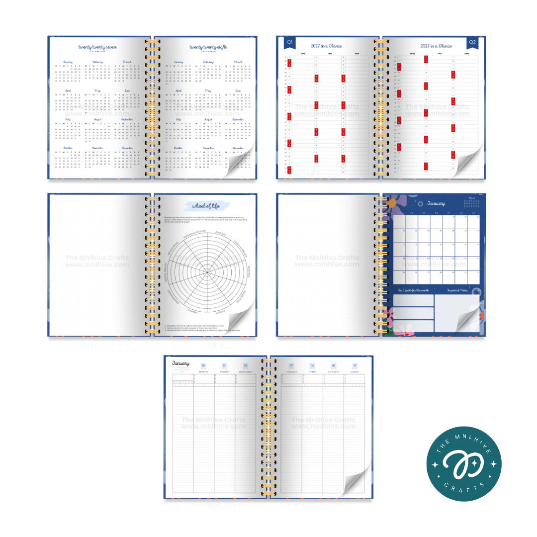 2027 planner interior pages including quarterly overview, Wheel of Life and vision board