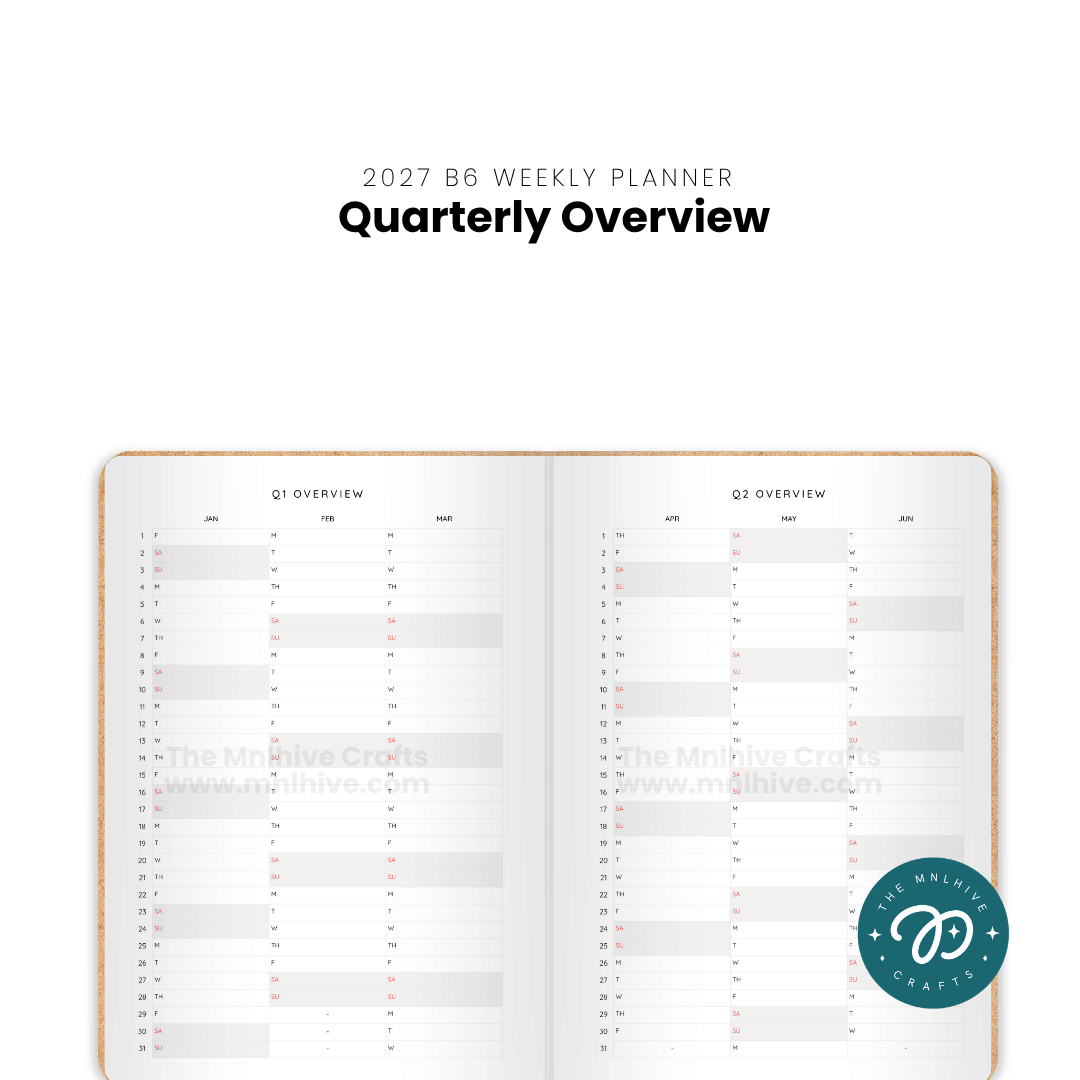 Quarterly overview and monthly planning spreads of the 2027 planner