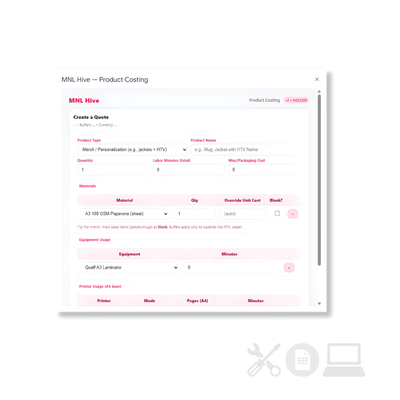 Automated Costing Calculator Sheet