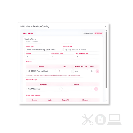 Automated Costing Calculator Sheet