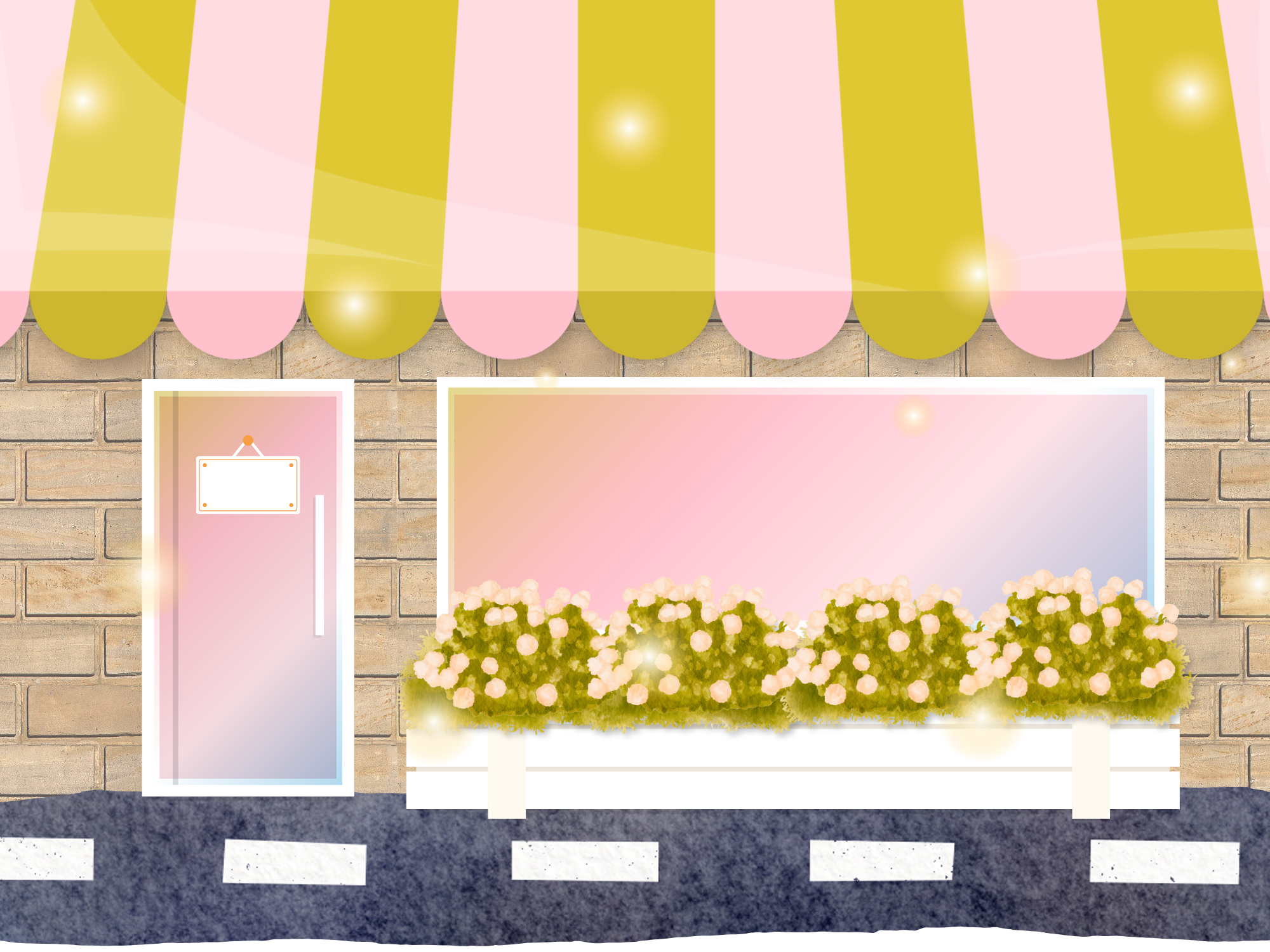 Cartoon-style storefront with colorful awning and flower bed on a brick wall background