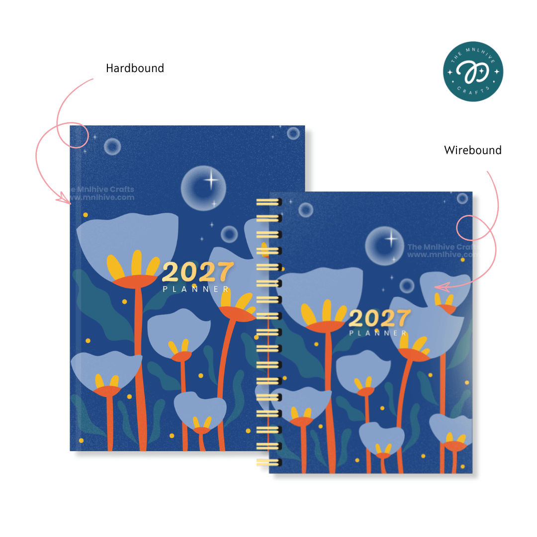 Midnight Bloom planner in Wirebound, Hardbound and Sewn Hardbound binding options